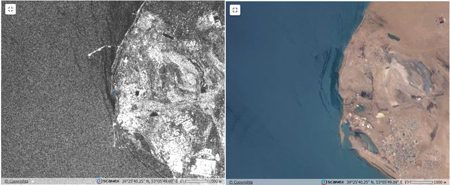 Рис. 4б. Нефтезагрязнения на фрагментах РЛИ Sentinel-1A (02:37 UTC) и оптического снимка Sentinel-2A (07:16 UTC) от 5.06.2024 в прибрежной зоне п-ова Челекен © ESA Рис. 4б. Нефтезагрязнения на фрагментах РЛИ Sentinel-1A (02:37 UTC) и оптического снимка Sentinel-2A (07:16 UTC) от 5.06.2024 в прибрежной зоне п-ова Челекен © ESA