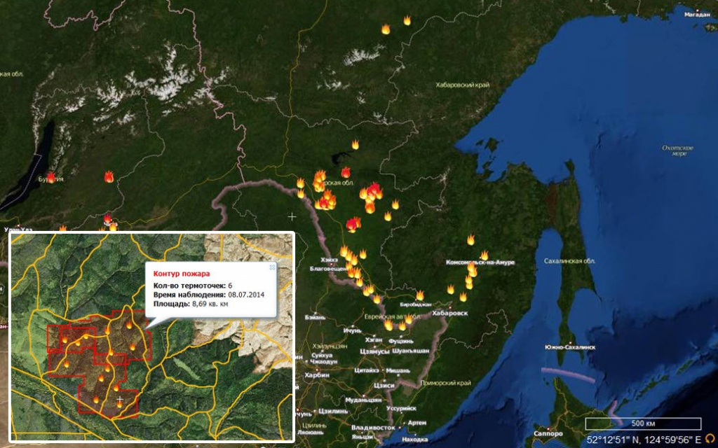 В систему опертаивного пожарного мониторинга могут быть интегрированы данные о локализации лесозаготовительных участков, границах лесничеств