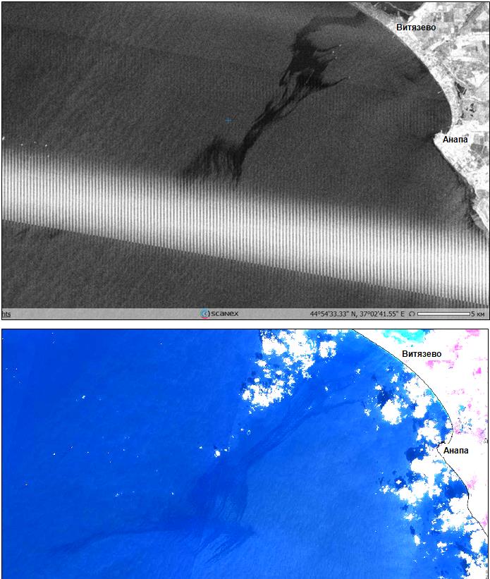 Рис. 2. Нефтеразлив общей площадью 117 км2 на квазисинхронных РЛИ Sentinel-1A (03:40 UTC) и оптическом снимке Sentinel-2B (08:29 UTC) от 12.04.2026; широкая светлая полоса – активная радиолокационная помеха, светлые точки напротив Витязевской косы – суда нефтесборщики. © ESA